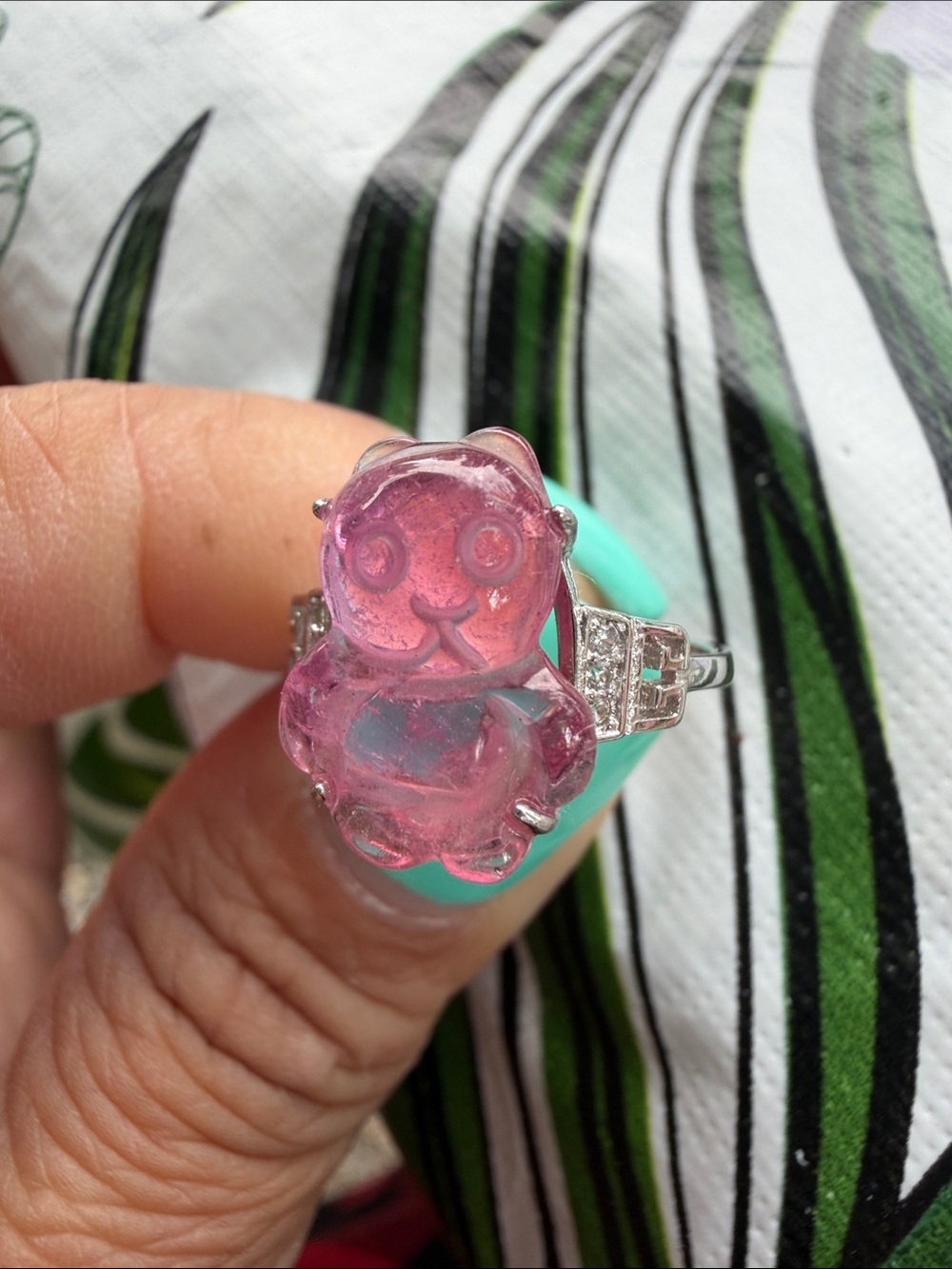 Pink tourmaline panda ring size 7 adjustable